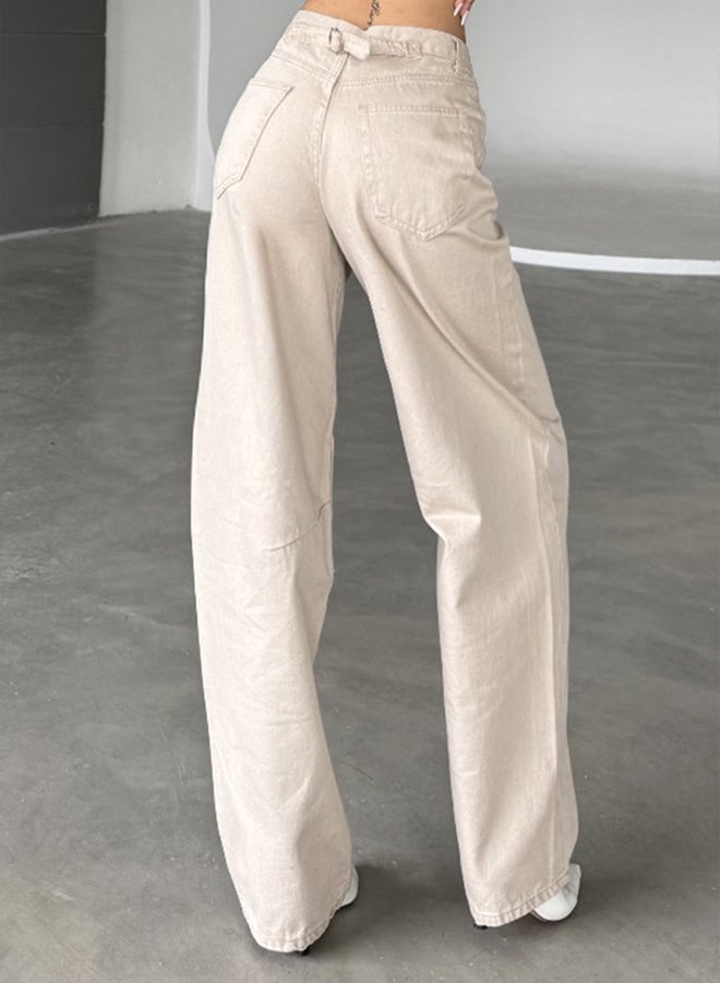 trendyol Beige Belt Buckle Stitching Detail High Waist Straight Cut Straight Jeans - Image 3