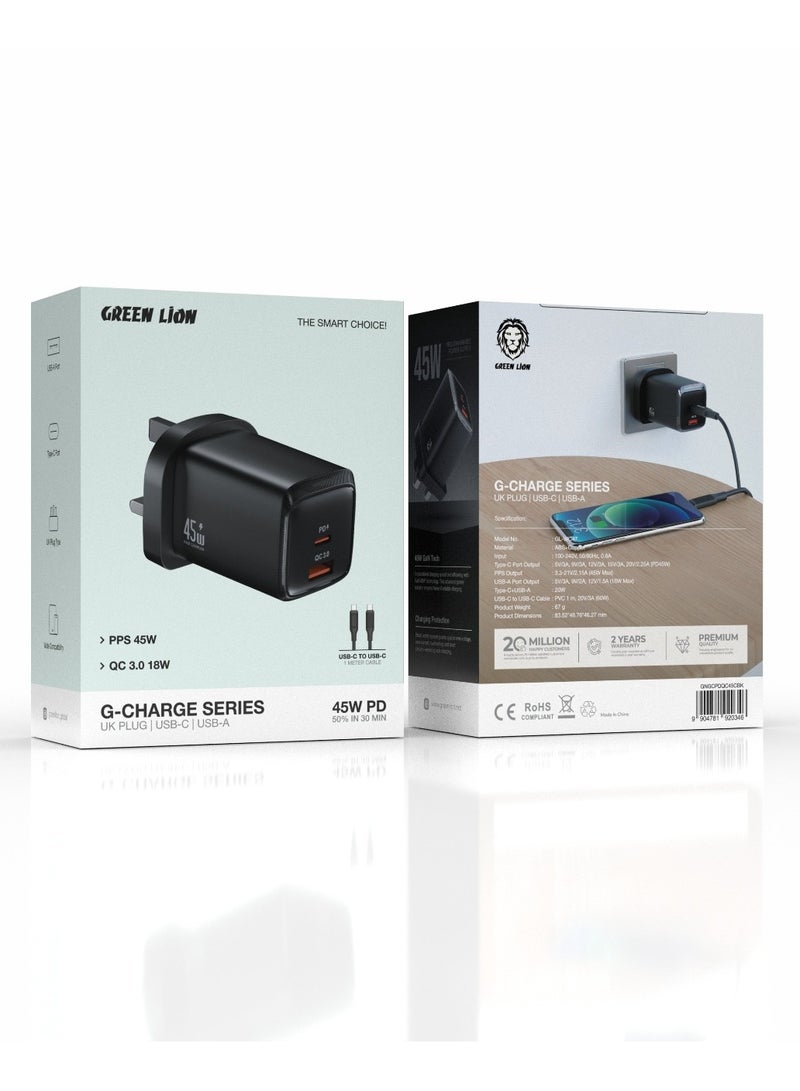 GREEN LION G-Charge Series Dual Port Wall Charger PD45W with 1m Type-C to Type-C Cable/ QC 18W/ PPS 45W Max/ GaN Technology/ Type-C & USB-A Ports Travel Charger /Fast Charging Wall Charger/ UK Plug - Black - Image 2