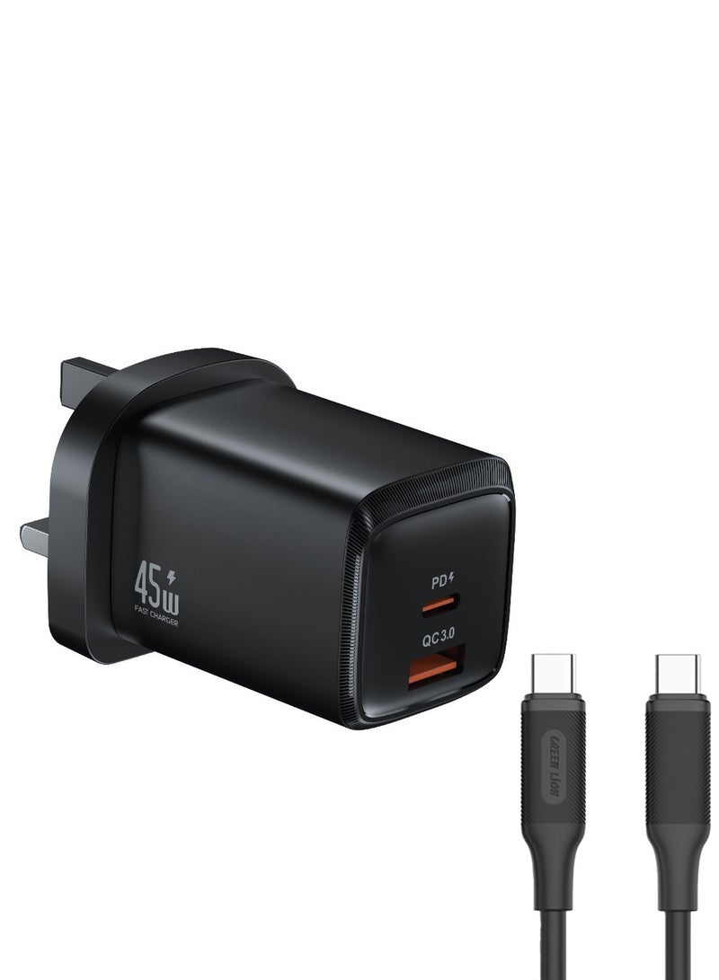 GREEN LION G-Charge Series Dual Port Wall Charger PD45W with 1m Type-C to Type-C Cable/ QC 18W/ PPS 45W Max/ GaN Technology/ Type-C & USB-A Ports Travel Charger /Fast Charging Wall Charger/ UK Plug - Black - Image 1