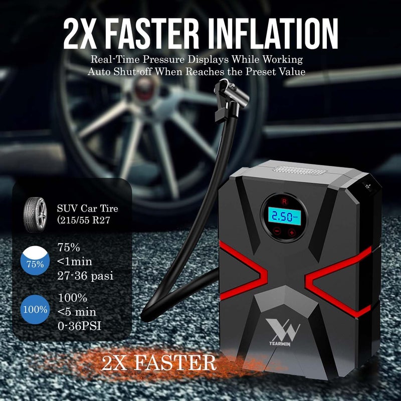 Yearwin 1+1 Year Warranty T Edition Digital Tyre Inflator - 12V Portable air Compressor with Auto shutoff 150PSI Black and Red - Image 2