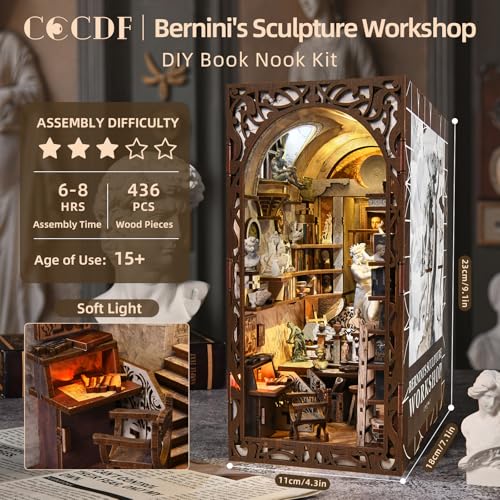 CCCDF DIY Book Nook Kit 3D Wooden Puzzle for Adults Teens DIY Miniature Dollhouse Booknook Kit Bookend Bookshelf Insert Decor with LED Light Berninis Sculpture Workshop - Image 5