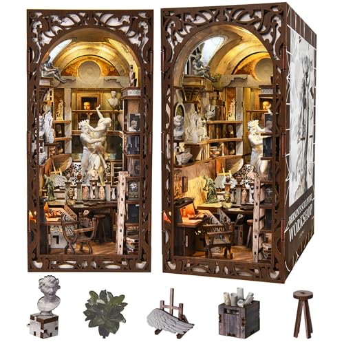 CCCDF DIY Book Nook Kit 3D Wooden Puzzle for Adults Teens DIY Miniature Dollhouse Booknook Kit Bookend Bookshelf Insert Decor with LED Light Berninis Sculpture Workshop - Image 1