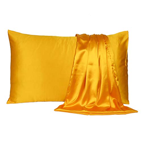 Oussum Satin Silk Pillowcase Pillow Case Covers with Envelop Closure for Hair and Skin Home Bed Decor Set of 2 Pillowcase Free 3 pcs scrunchies (Standard, Yellow) - Image 5
