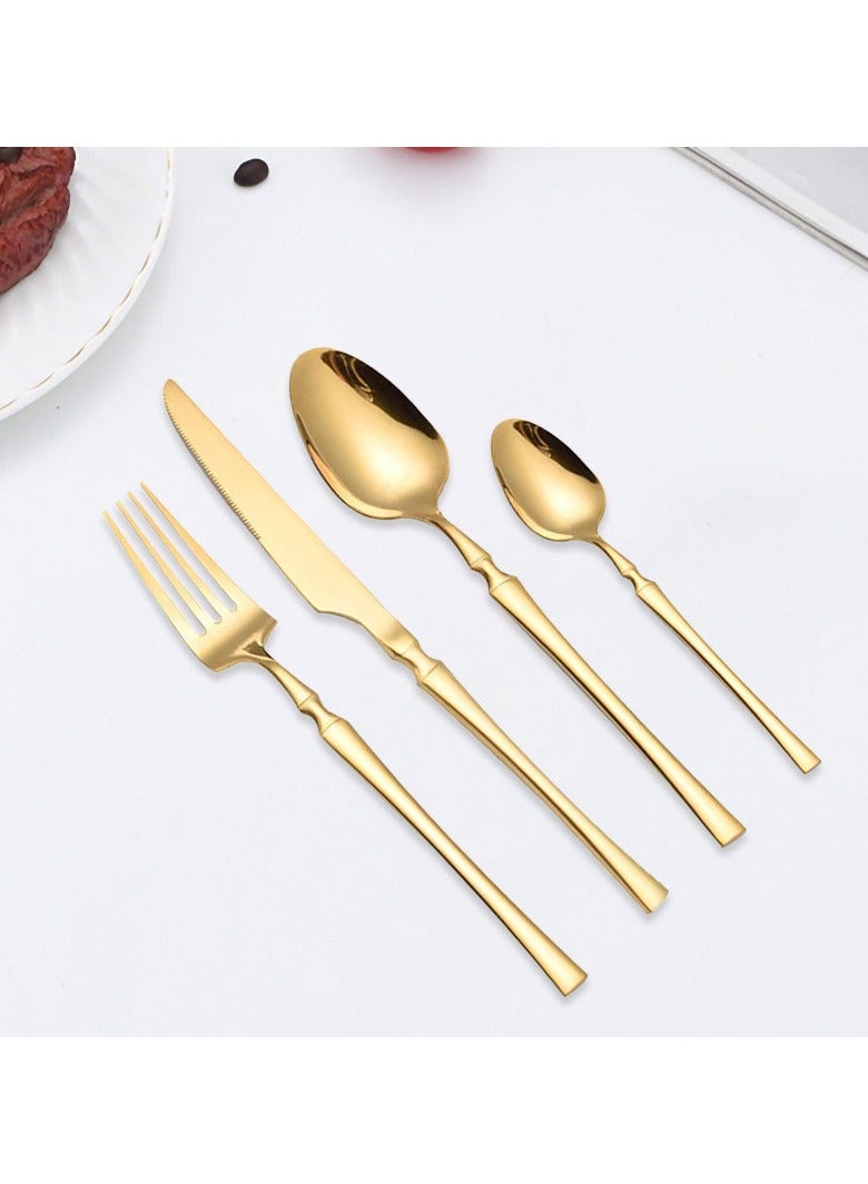 طقم أدوات مائدة من الفولاذ المقاوم للصدأ مكون من 4 قطع، شوكة وملعقة وسكين، ذهبي - Image 2
