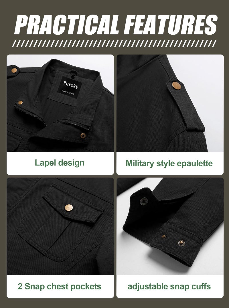 Pursky Men's Military Trucker Cotton Jacket Washed Cotton Hooded Winter Coats Black M - Image 5
