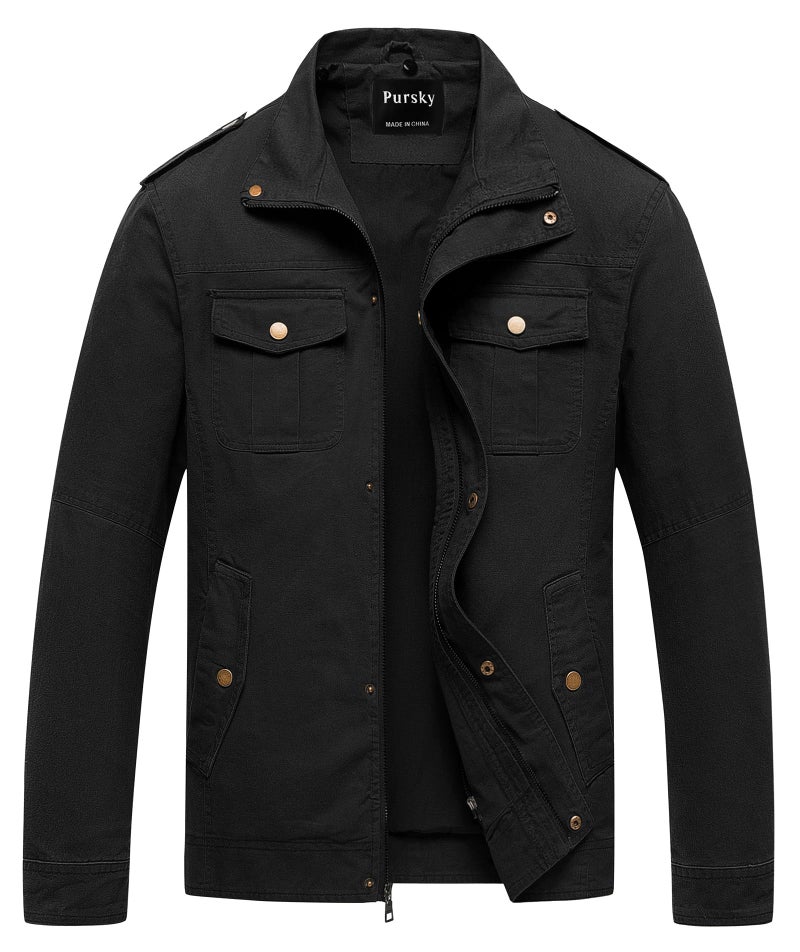 Pursky Men's Military Trucker Cotton Jacket Washed Cotton Hooded Winter Coats Black M - Image 1