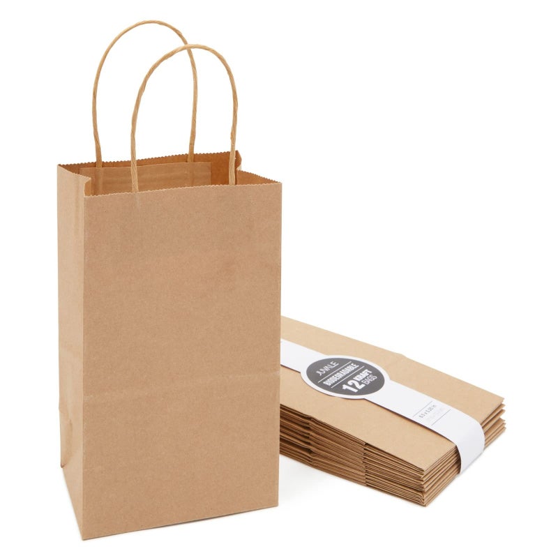 Juvale Mini Gift Bags with Handles - Brown Paper Party Favor Bags with Handles - Long & Narrow Design for DIY & Craft Fairs - 3 x 5.25 x 8.5 In, Brown, 12 Pack - Image 1