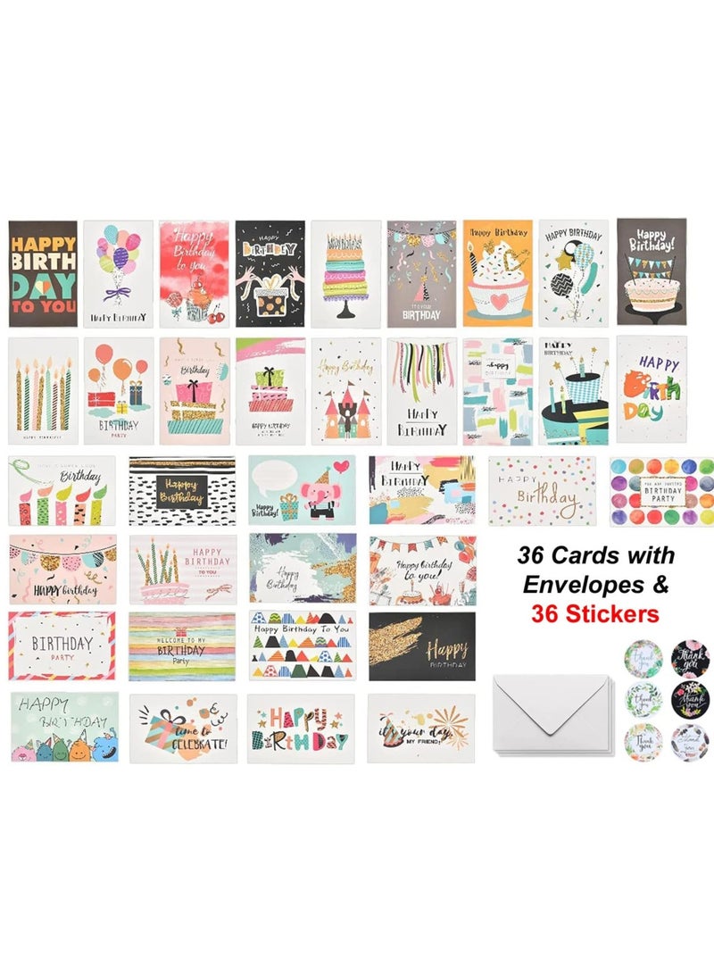 Premify Birthday Cards Multipack of 36 Set Includes 36 Mixed Happy Birthday Card Designs With 36 Envelopes And 36 Stickers, Single Fold Blank Inside 4in x 6in - Image 1
