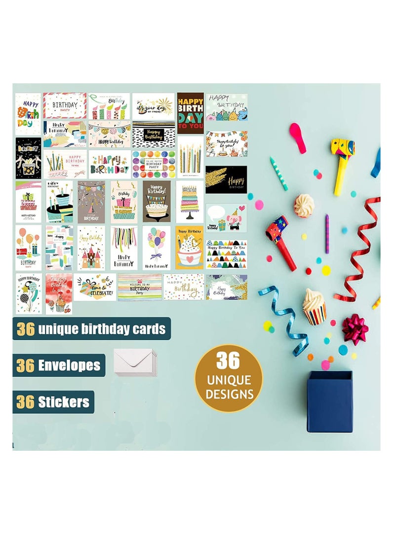 Premify Birthday Cards Multipack of 36 Set Includes 36 Mixed Happy Birthday Card Designs With 36 Envelopes And 36 Stickers, Single Fold Blank Inside 4in x 6in - Image 3