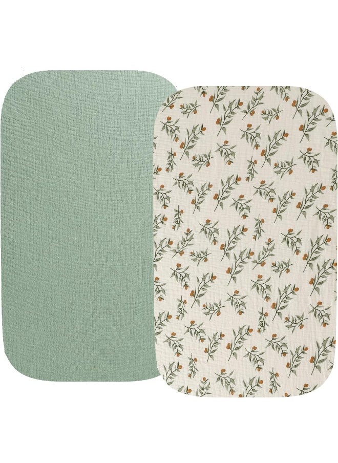 Fadacudan Muslin Bassinet Sheet Compatible with AMKE 3 in 1 Bassinet(35 X 20), Milliard, Bellababy, TCBunny Bassinet, 2 Pack Cotton Stylish Boho Fitted Bassinet Sheets for Baby Roman Green & Botanical Leaf  - Image 1