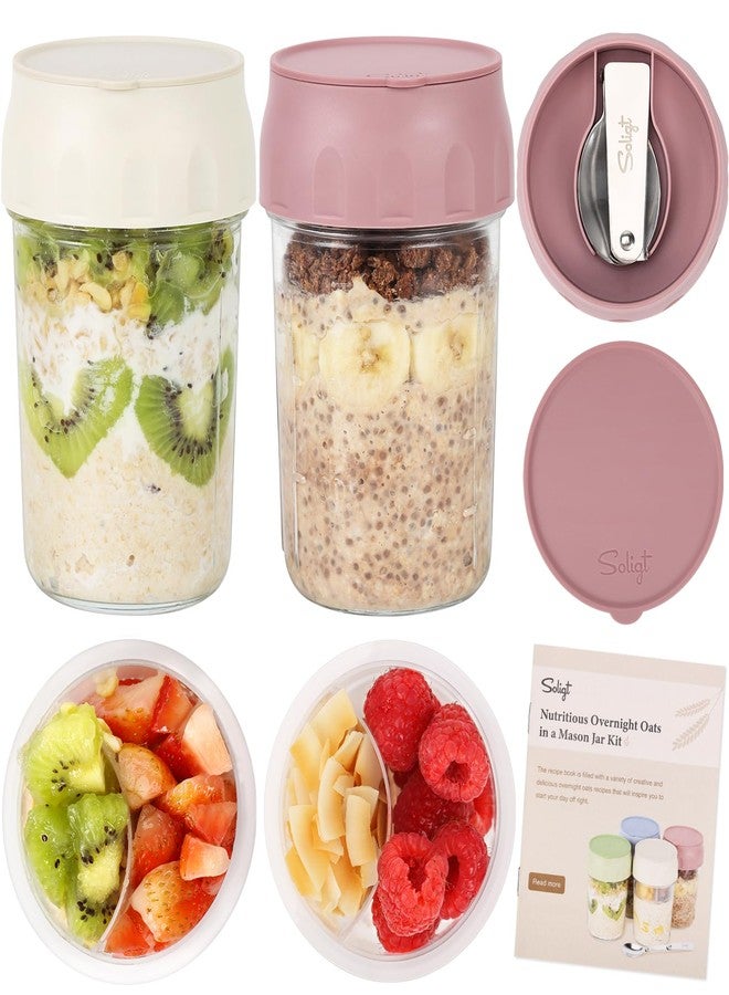 SOLIGT 2 Pack Overnight Oats Containers with Lids, Folding Spoons and Divided Compartments for Fruit & Nuts, Small Glass 16oz Mason Jars for Oatmeal Yogurt Parfait (2 Set-Oat White/Rose Pink) - Image 1