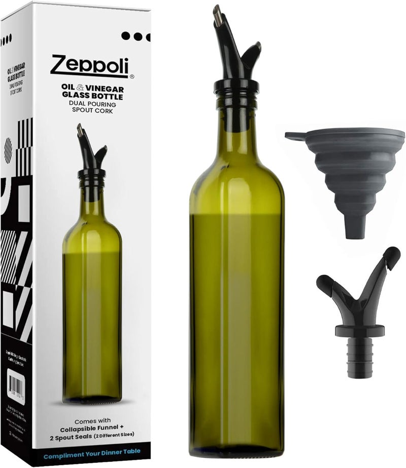 Zeppoli Kitchen Olive Oil & Vinegar Dispenser Bottle - 17 oz Set with Removable Dual Spouts, Pour Funnel, Stainless Steel Cruet - Olive Oil Dispenser Bottle - Image 1