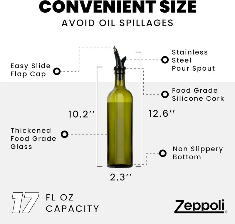Zeppoli Kitchen Olive Oil & Vinegar Dispenser Bottle - 17 oz Set with Removable Dual Spouts, Pour Funnel, Stainless Steel Cruet - Olive Oil Dispenser Bottle - Image 2