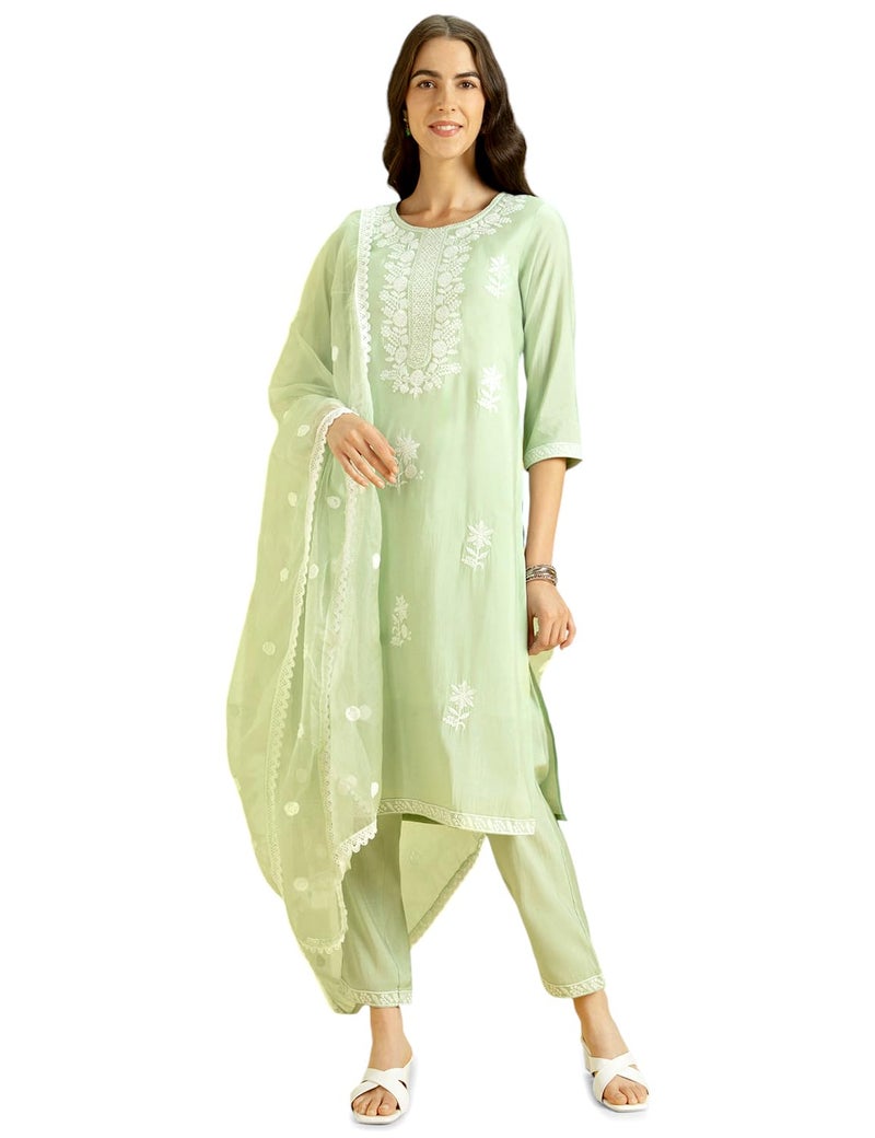 Kaari Women's Solid Color Kurta Set with Dupatta - Straight Fit | Silk Blend Fabric | Placement Embroidery on Neck | Organza Dupatta with Booti Work | Straight Pant with Side Pocket & Hem Embroidery - Image 1