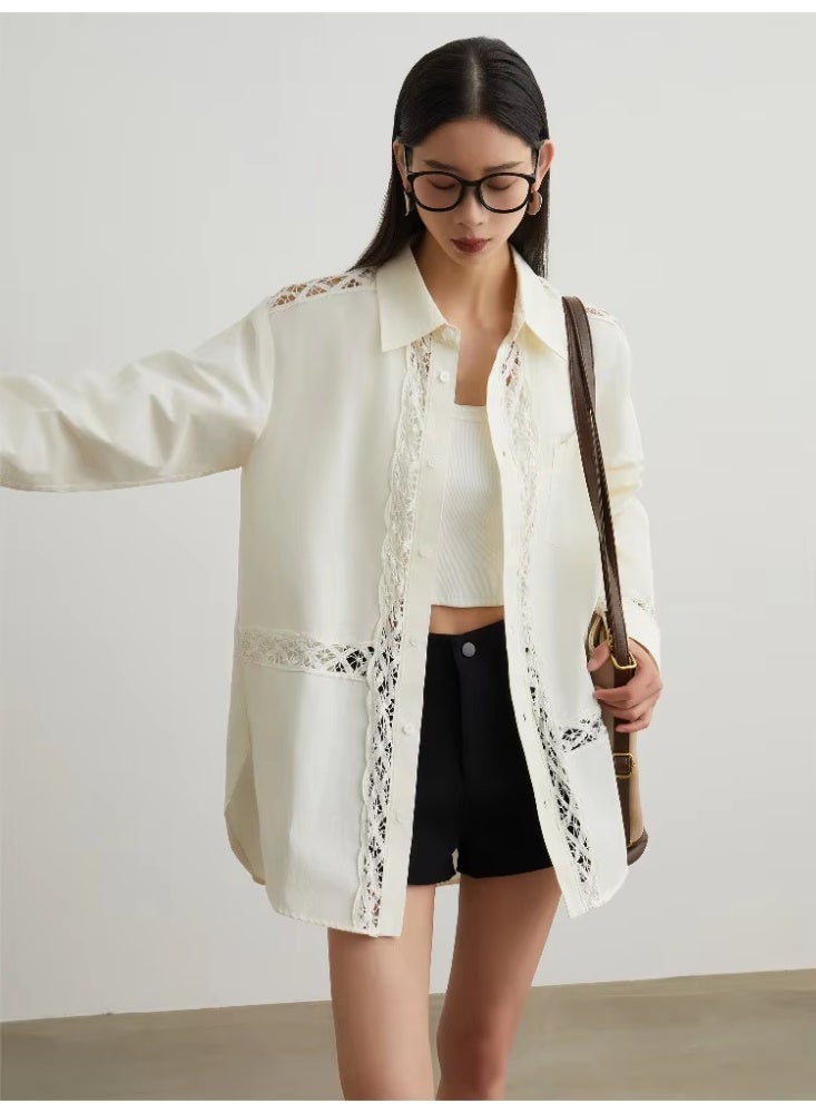 Women White Lace Embroidered Shirt Oversized Button Down Blouse Long Sleeve Cotton Casual Elegant Spring Summer Top - Image 2