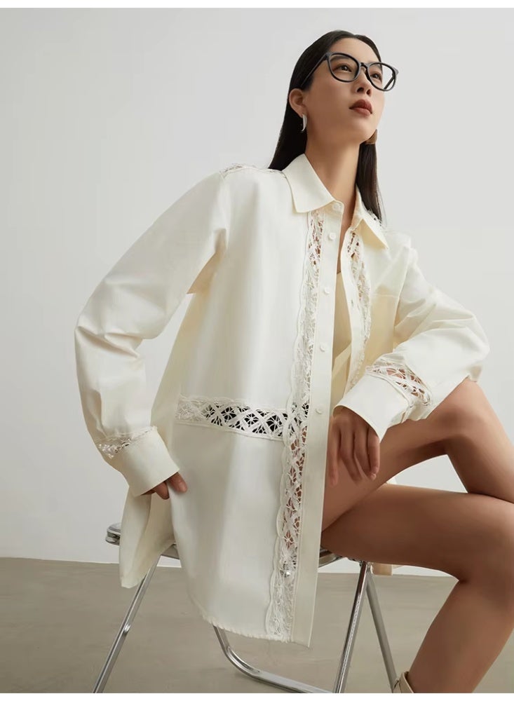 Women White Lace Embroidered Shirt Oversized Button Down Blouse Long Sleeve Cotton Casual Elegant Spring Summer Top - Image 5
