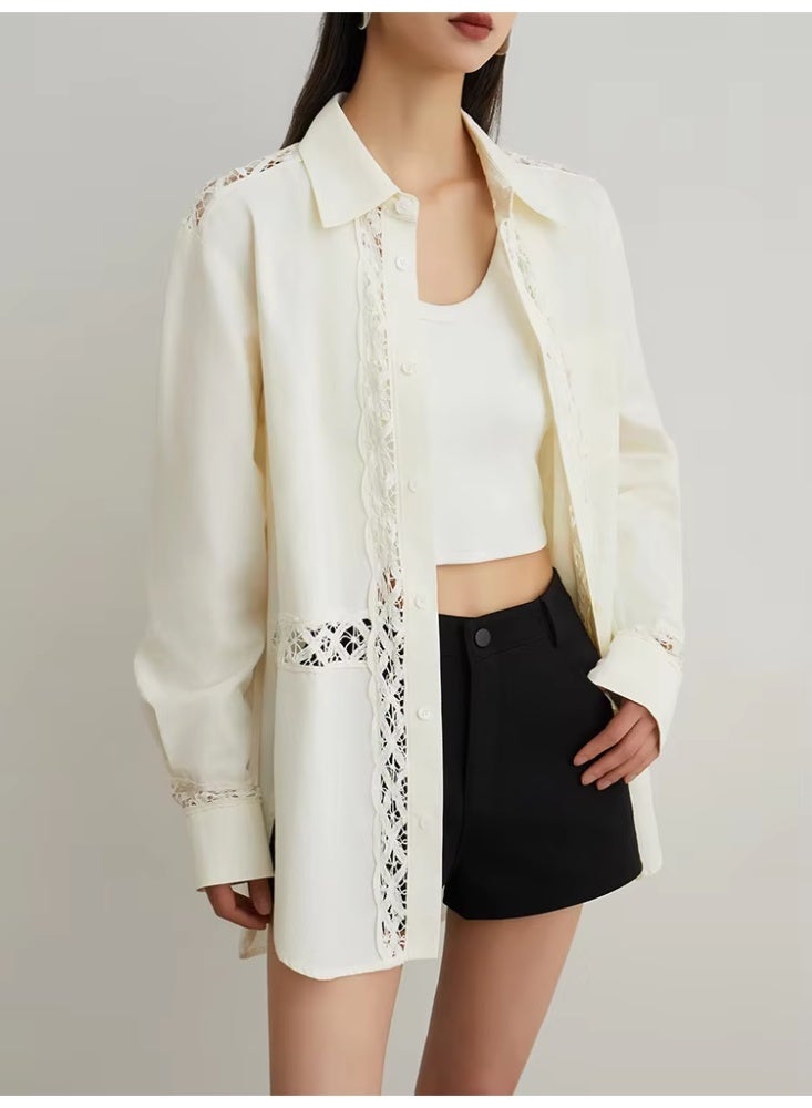 Women White Lace Embroidered Shirt Oversized Button Down Blouse Long Sleeve Cotton Casual Elegant Spring Summer Top - Image 4