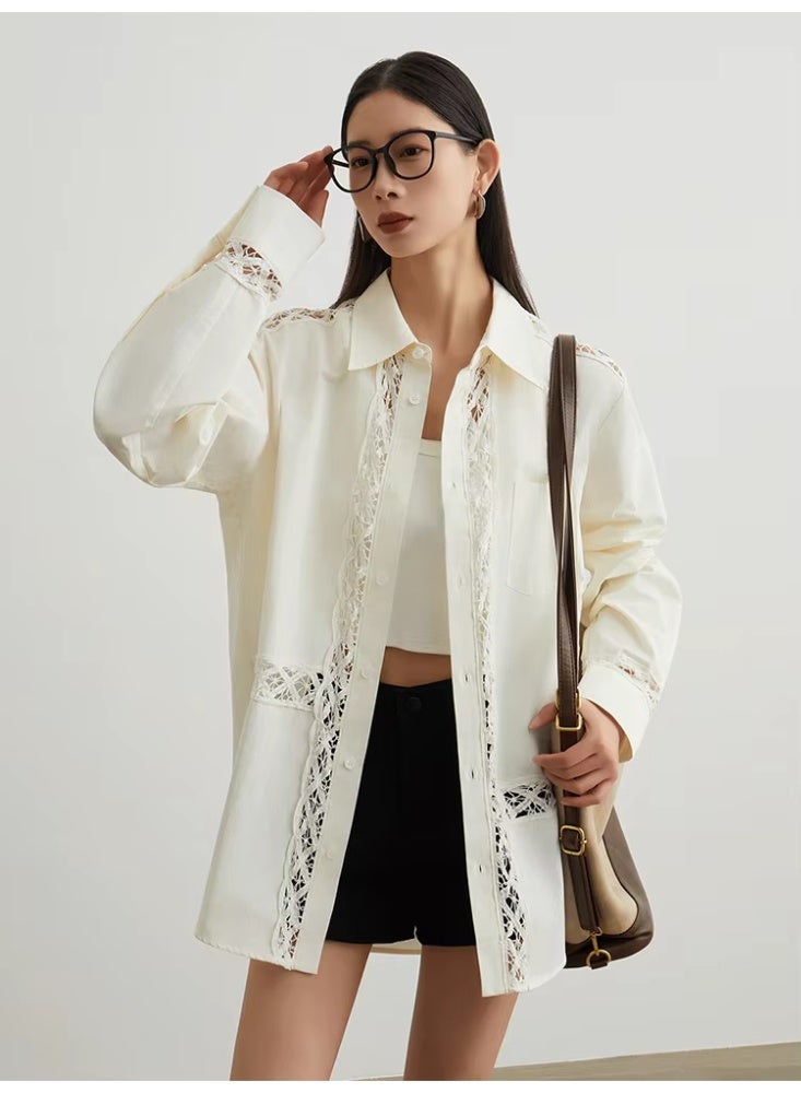 Women White Lace Embroidered Shirt Oversized Button Down Blouse Long Sleeve Cotton Casual Elegant Spring Summer Top - Image 1