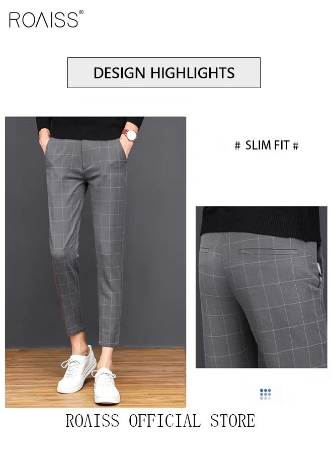 roaiss - Young Men's Suit Pants Straight Fit British Plaid Thin Section Business Casual Pants Cropped Pants - Image 1