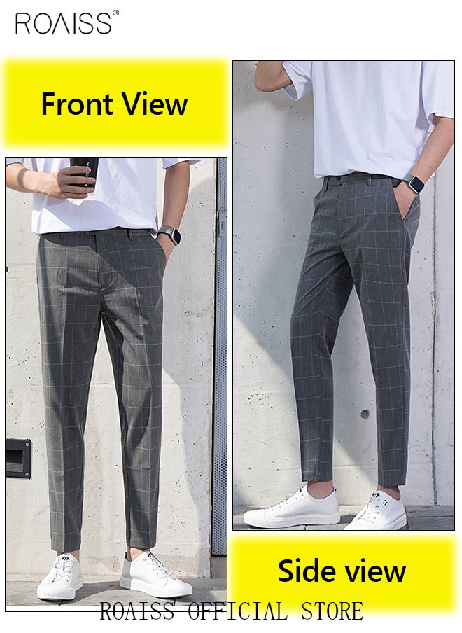 roaiss - Young Men's Suit Pants Straight Fit British Plaid Thin Section Business Casual Pants Cropped Pants - Image 1