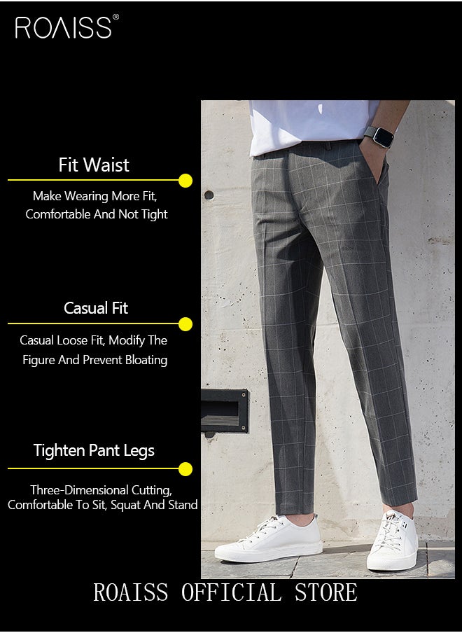 roaiss - Young Men's Suit Pants Straight Fit British Plaid Thin Section Business Casual Pants Cropped Pants - Image 1
