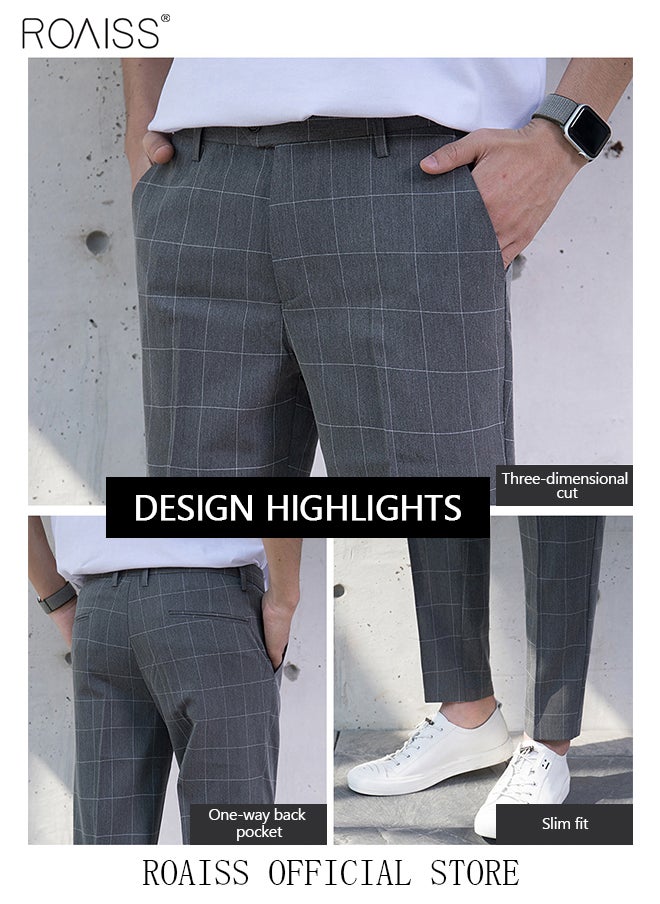 roaiss - Young Men's Suit Pants Straight Fit British Plaid Thin Section Business Casual Pants Cropped Pants - Image 1