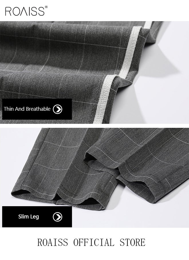 roaiss - Young Men's Suit Pants Straight Fit British Plaid Thin Section Business Casual Pants Cropped Pants - Image 1