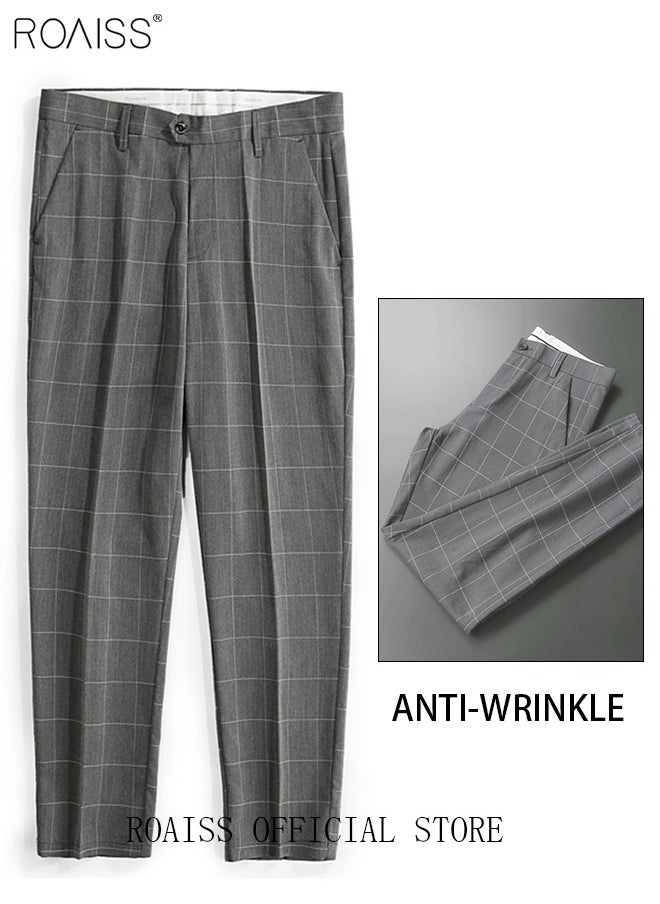 roaiss - Young Men's Suit Pants Straight Fit British Plaid Thin Section Business Casual Pants Cropped Pants - Image 1