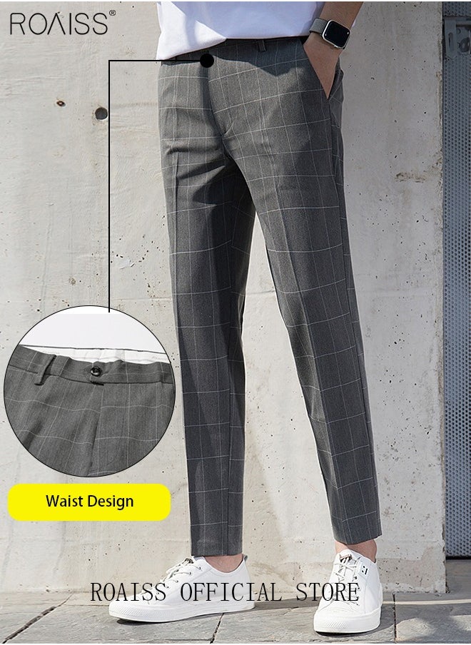 roaiss - Young Men's Suit Pants Straight Fit British Plaid Thin Section Business Casual Pants Cropped Pants - Image 1