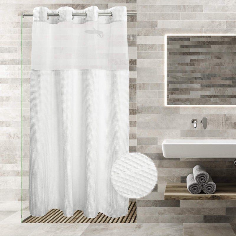 River Dream White Fabric Shower Curtain Set Cotton Blend Waffle Weave with Snap in Replacement Liner54 x 80 inches