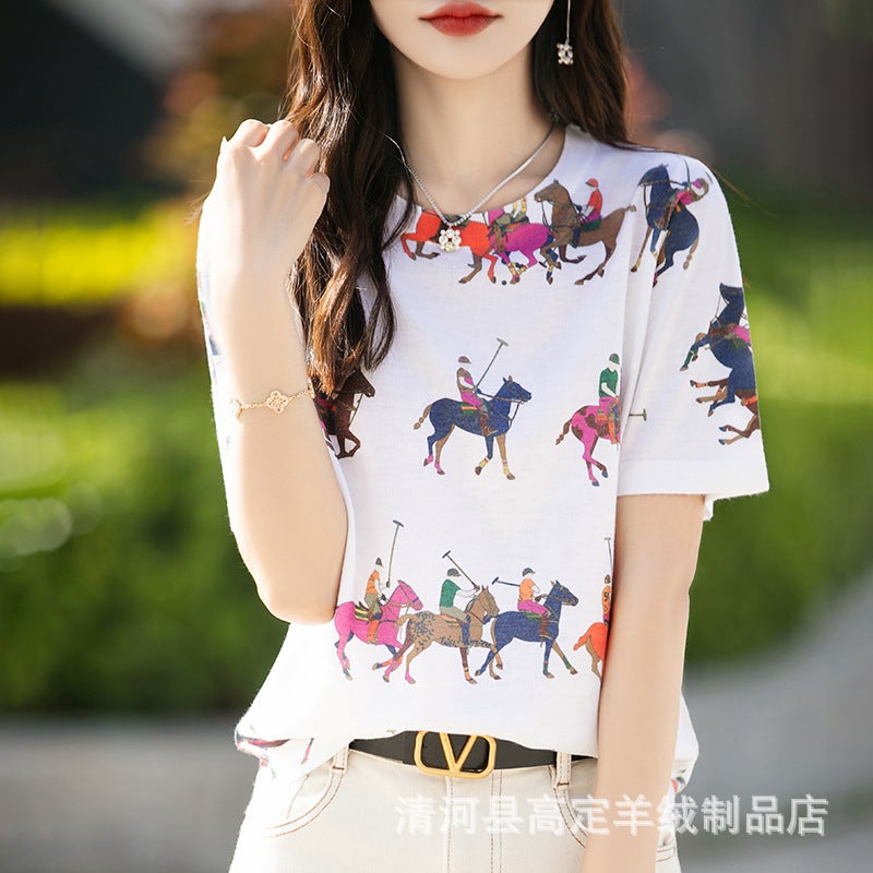 There Is Always A Suitable One-Summer Classic Joker Mulberry Silk Various Printed Pattern Round Neck Short Sleeve T-Shirt - Image 1