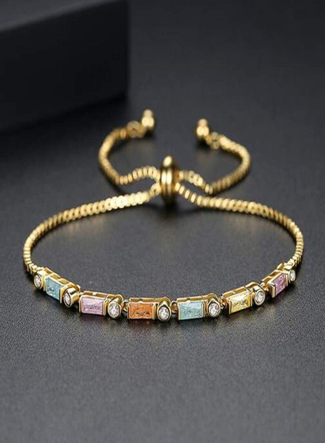 RIZILIA Emerald Cut Multi-color Cubic Zirconia CZ 18K Yellow Gold Plated Adjustable Tennis Bracelet - Image 4