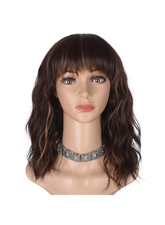 morvally Short Mix Brown Wavy Bob Wig With Bangs For Women 16 Inches Natural Synthetic Hair Wavy Wigs - Image 4