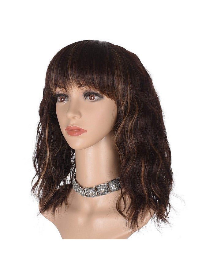 morvally Short Mix Brown Wavy Bob Wig With Bangs For Women 16 Inches Natural Synthetic Hair Wavy Wigs - Image 2