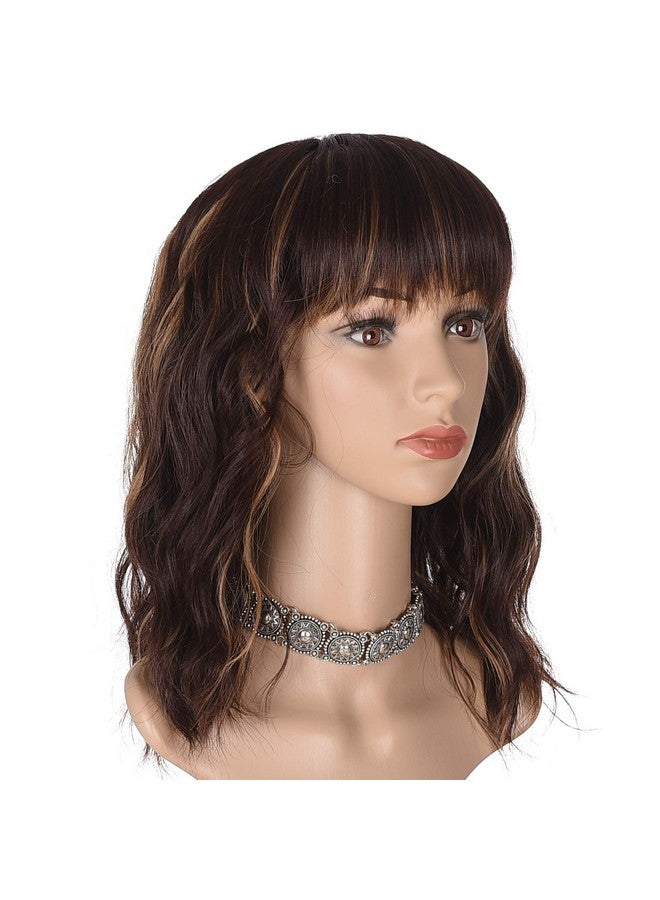 morvally Short Mix Brown Wavy Bob Wig With Bangs For Women 16 Inches Natural Synthetic Hair Wavy Wigs - Image 5