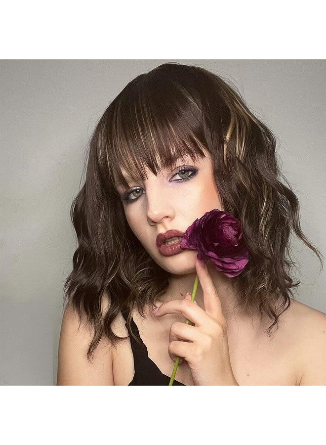 morvally Short Mix Brown Wavy Bob Wig With Bangs For Women 16 Inches Natural Synthetic Hair Wavy Wigs - Image 3