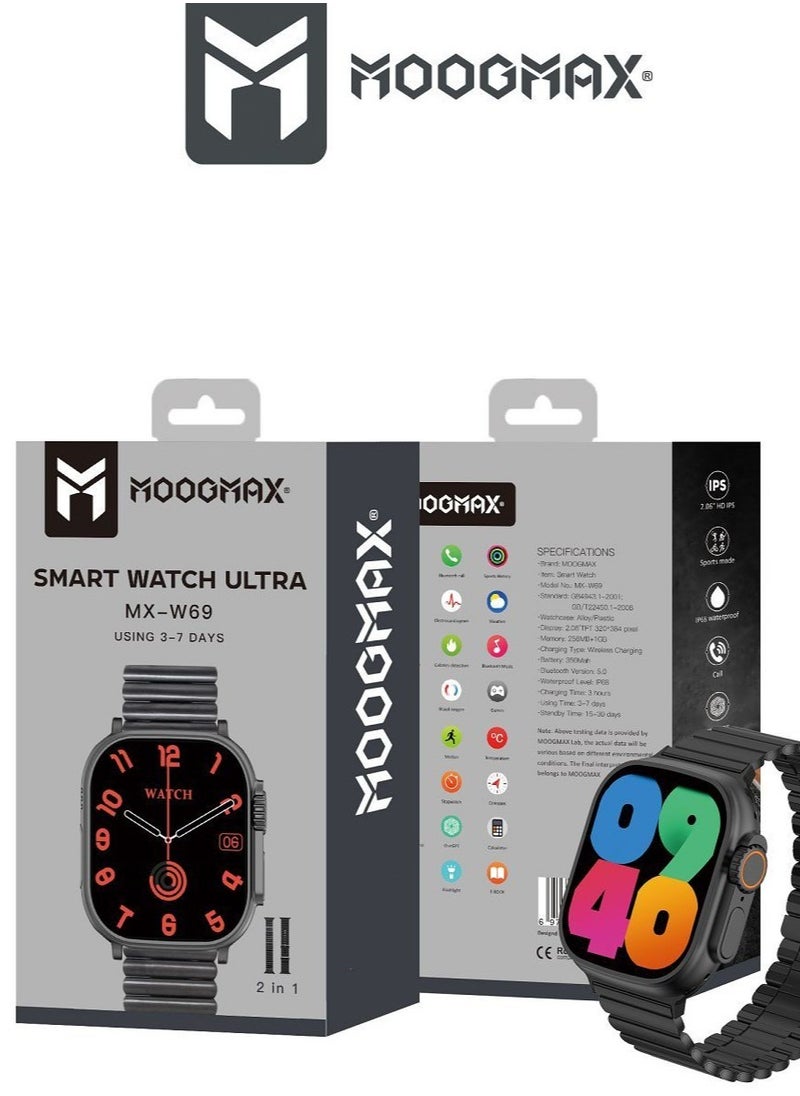 MOOGMAX - MoogMax (2nd Gen) ultra watch. IPX6 Water-resistant watch ultra. Smart touch watch with gesture-based call answering & answering from the watch using the built-in mic. smart watch ultra with a watch mobile app. Smart sports watch with all fitness measurements. smartwatch with wireless charging. Black - Image 1