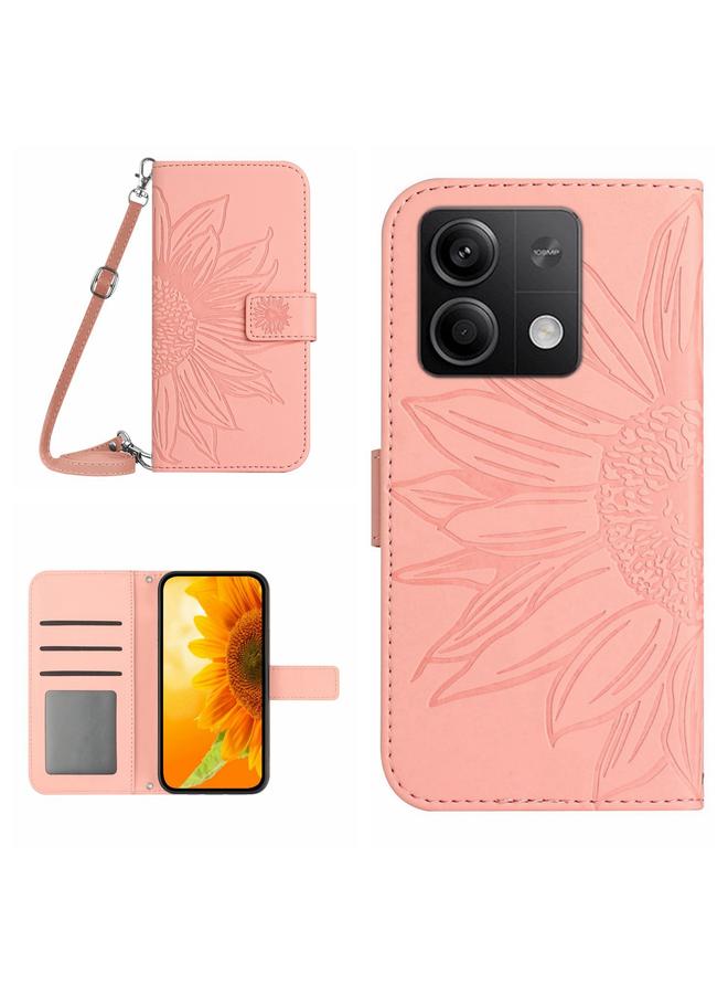 Green Tiger For Xiaomi Redmi Note 13 4G Global Skin Feel Sun Flower Embossed Flip Leather Phone Case with Lanyard(Pink)