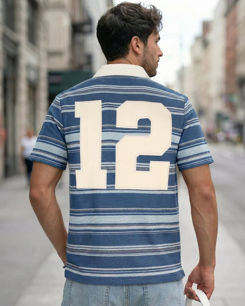 bewakoof Men's Blue Striped Polo T-shirt