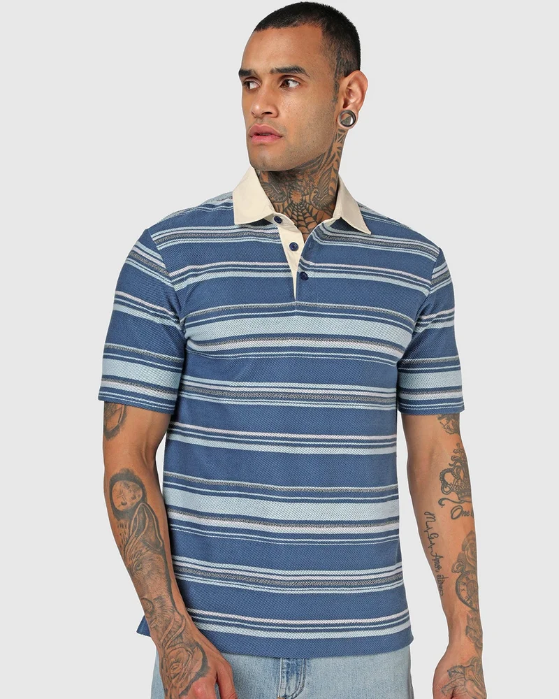 bewakoof Men's Blue Striped Polo T-shirt