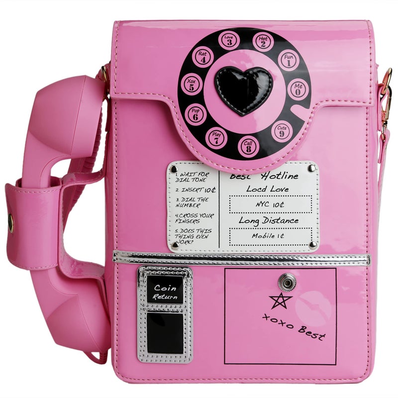 QiMing Retro dial telephone Crossbody Shoulder Bag,Pu Movable microphone Purse for Women(Pink B) - Image 1