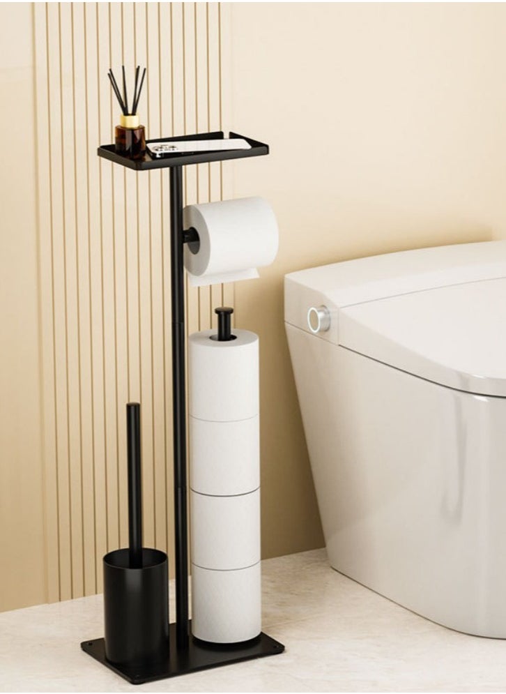 XiuWoo Matte Black Toilet Paper Holder Stand with Shelf, Rustproof Floor Toilet Paper Holder Free Standing, Toilet Tissue Holder Free Stand Up, Toilet Paper Stands for Bathrooms with Toilet Brush  - Image 1