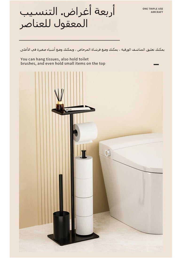 XiuWoo Matte Black Toilet Paper Holder Stand with Shelf, Rustproof Floor Toilet Paper Holder Free Standing, Toilet Tissue Holder Free Stand Up, Toilet Paper Stands for Bathrooms with Toilet Brush  - Image 5