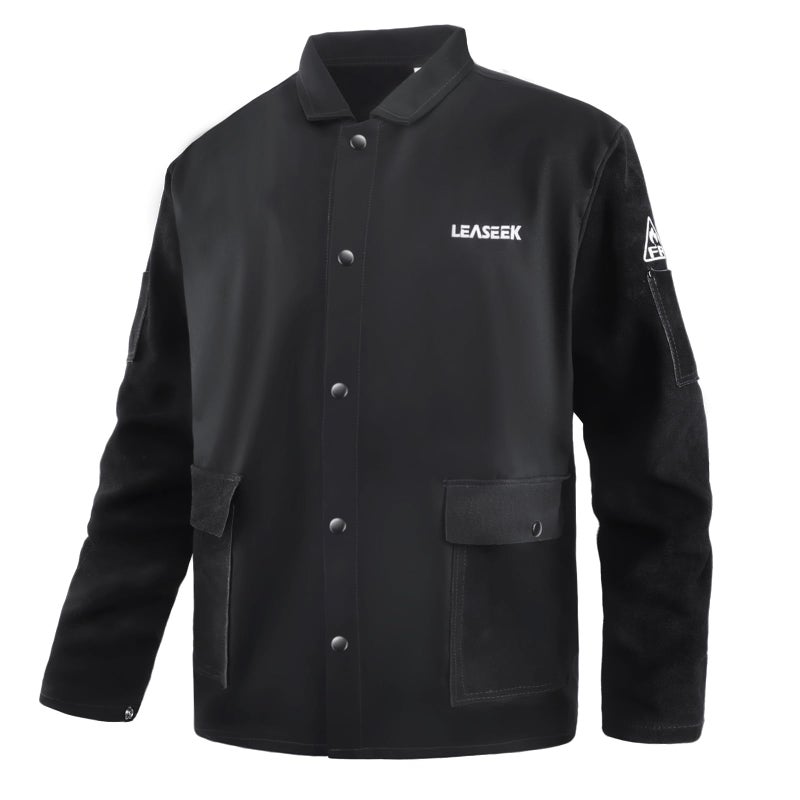 LeaSeek Welding Jacket Leather Sleeves Flame Resistant FR Cotton Weld Coat Welder Jacket for Men Women Black S4XL - Image 2