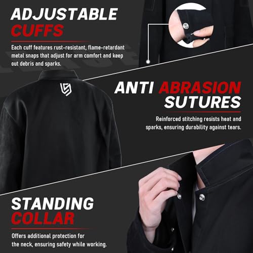 LeaSeek Welding Jacket Leather Sleeves Flame Resistant FR Cotton Weld Coat Welder Jacket for Men Women Black S4XL - Image 3