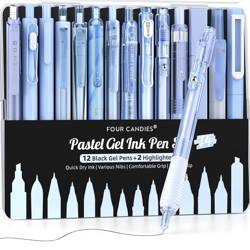 Four Candies Writing Ink Pens with Black & Blue Ink and 2Pack Highlighter, Retractable 0.5mm Smooth Fine Point Pens,Blue Pens for School,Office Girly Stationery Aesthetic Desk Accessories Set of 14 - Image 1
