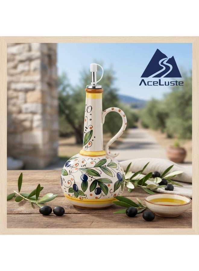 AceLuste 540ML Hand-Painted Ceramic Olive Oil Dispenser for Kitchen,  Large Capacity Oil Vinegar Cruet with Stainless Steel Spout, Premium Stoneware Oil Bottle, Multi-Use Oil Container for Oil, Vinegar, Soy Sauce Etc, Best Gift Choice for Family and Friends - Image 1