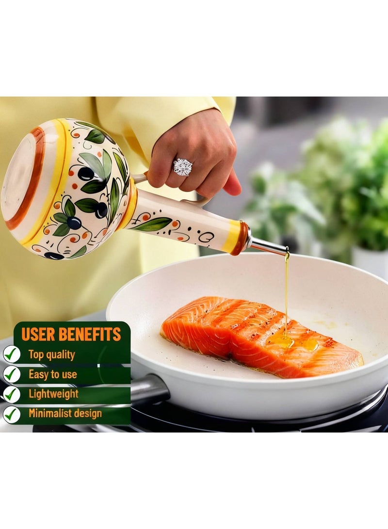 AceLuste 540ML Hand-Painted Ceramic Olive Oil Dispenser for Kitchen,  Large Capacity Oil Vinegar Cruet with Stainless Steel Spout, Premium Stoneware Oil Bottle, Multi-Use Oil Container for Oil, Vinegar, Soy Sauce Etc, Best Gift Choice for Family and Friends - Image 4