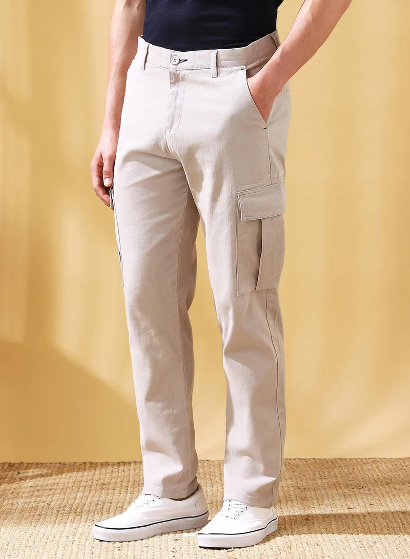 Men's Light Grey Cotton Blend Solid Full Length Cargo Straight Trouser