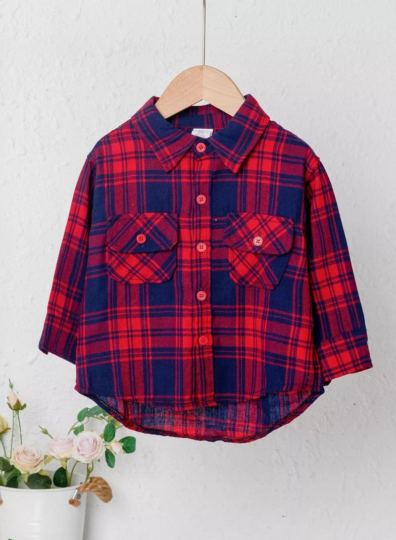 Toddler Girls Tartan Print Button Front Pocket Detail Blouse 